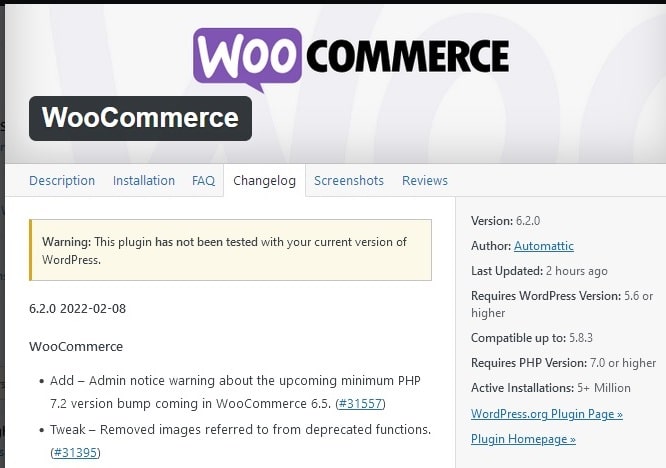 woocommerce plugin update example in wordpress dashboard
