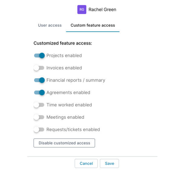 custom feature access in client portal