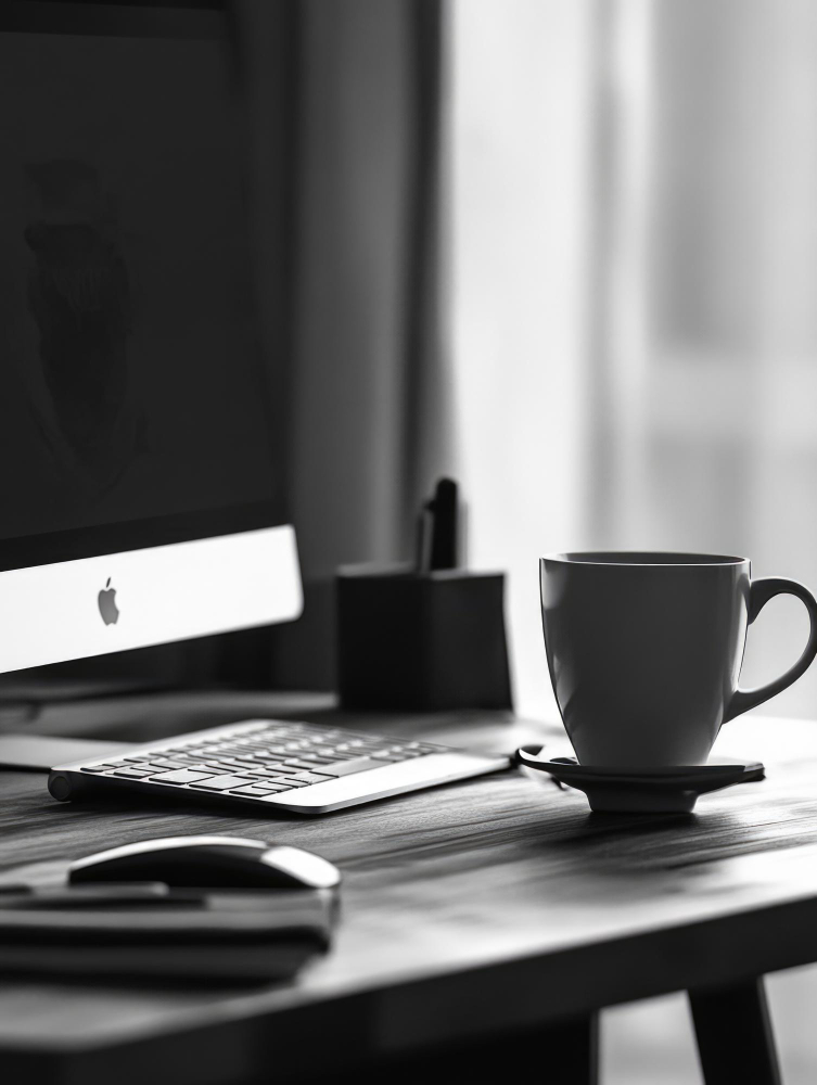 black and white image of apple computer on desk