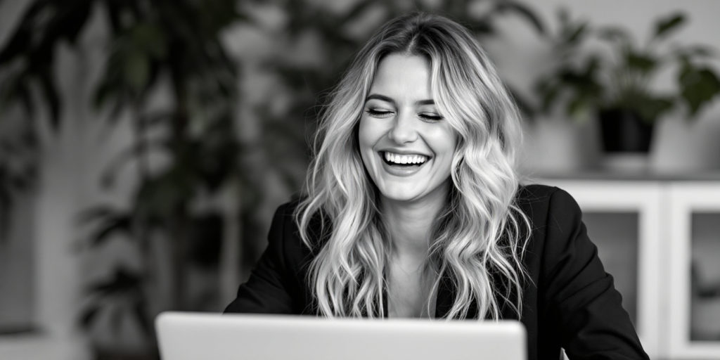 a black and white portrait of a woman working on laptop